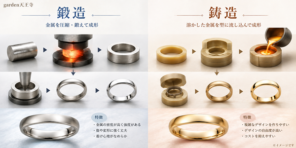 鍛造製法　鋳造製法　結婚指輪　婚約指輪　garden天王寺